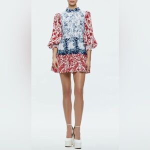LIKE NEW Alice + Olivia Paulie Mixed Floral Balloon Sleeve Minidress Sz S